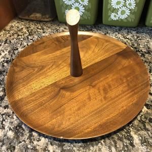 60’s Kustom Kraft Black Walnut MCM Midcentry Tidbit Snack Tray Lazy Susan Server